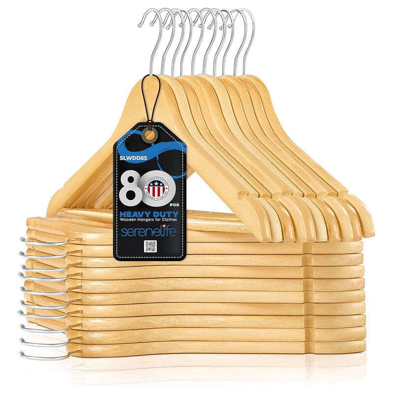 Serenelife 80 Piece Solid Wooden Heavy Duty Notched Suit Hangers, Natural Wood