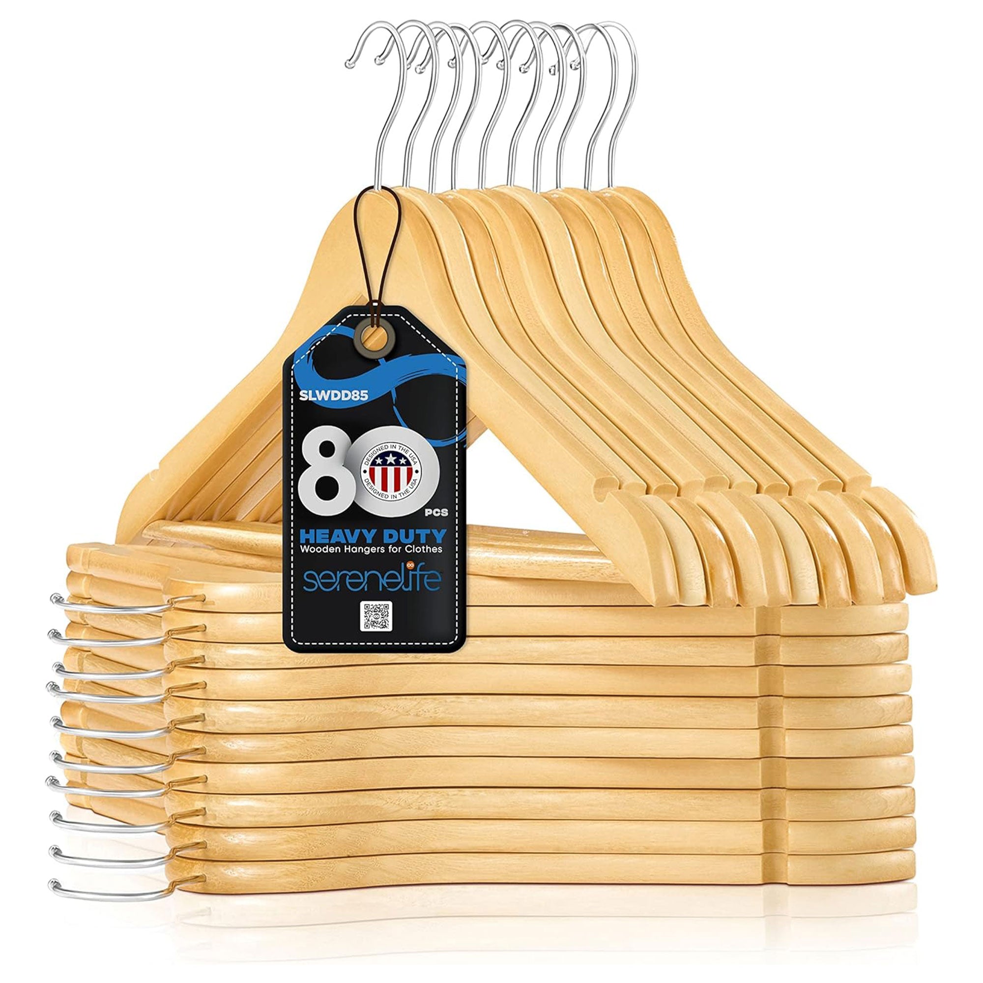 Serenelife 80 Piece Solid Wooden Heavy Duty Notched Suit Hangers, Natural Wood - VMInnovations