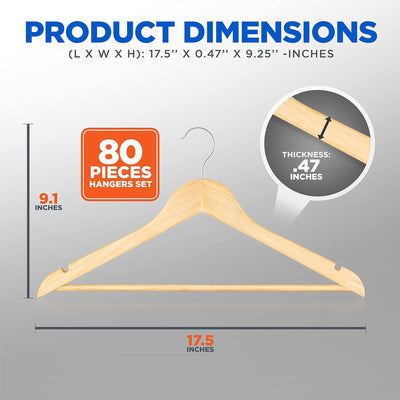 Serenelife 80 Piece Solid Wooden Heavy Duty Notched Suit Hangers, Natural Wood - VMInnovations