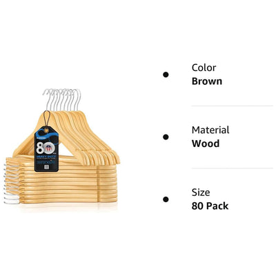 Serenelife 80 Piece Solid Wooden Heavy Duty Notched Suit Hangers, Natural Wood