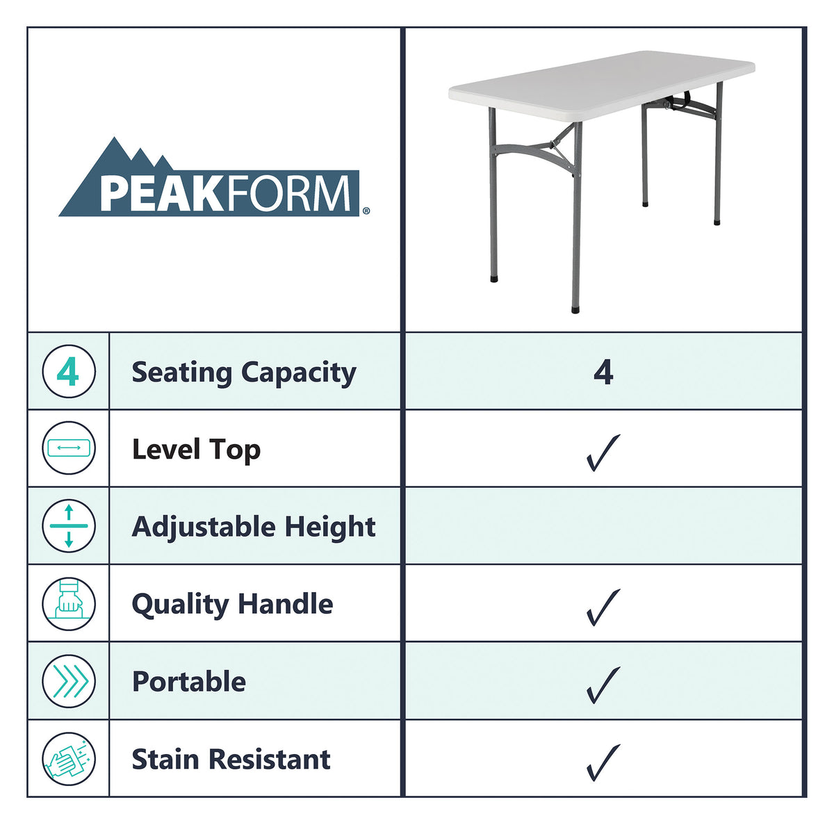 Peakform Compact Indoor or Outdoor Folding Banquet Table, 4 Foot, White