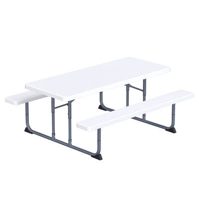 Peakform 6 Foot Rectangular Picnic Table, Double Bench Wood Grain Seating, White