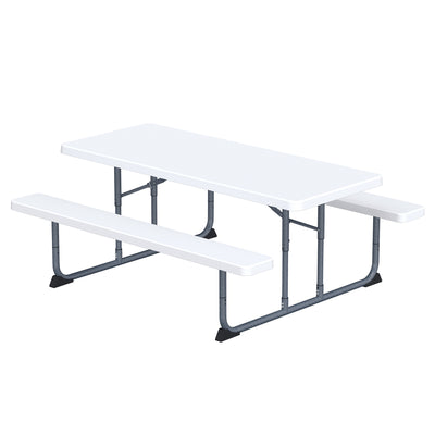Peakform 6 Foot Rectangular Picnic Table, Double Bench Wood Grain Seating, White