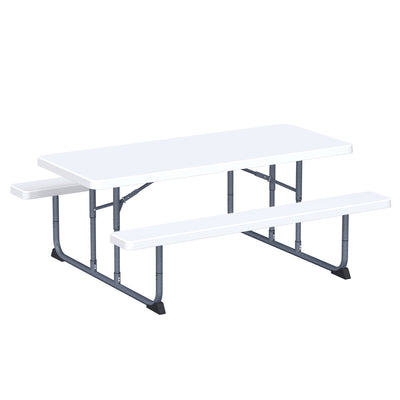 Peakform 6 Foot Rectangular Picnic Table, Double Bench Wood Grain Seating, White