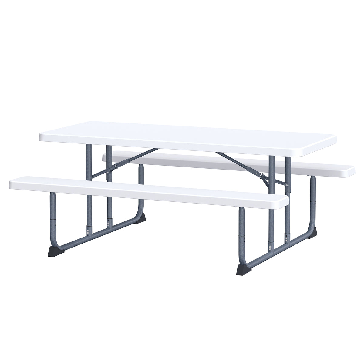 Peakform 6 Foot Rectangular Picnic Table, Double Bench Wood Grain Seating, White