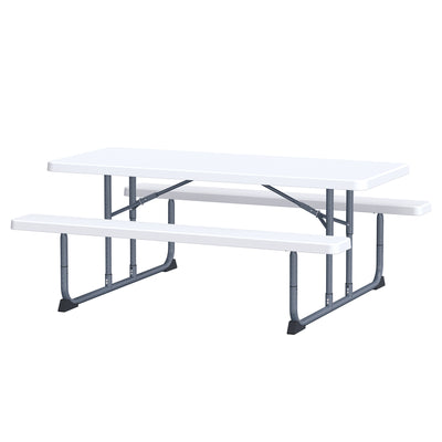 Peakform 6 Foot Rectangular Picnic Table, Double Bench Wood Grain Seating, White