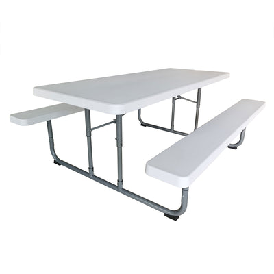 Peakform 6 Foot Rectangular Picnic Table, Double Bench Wood Grain Seating, White - VMInnovations