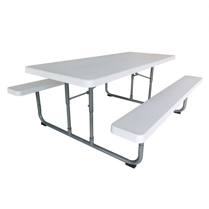 Peakform 6ft Picnic Table, Double Bench Wood Grain Seating, White (Open Box) - VMInnovations