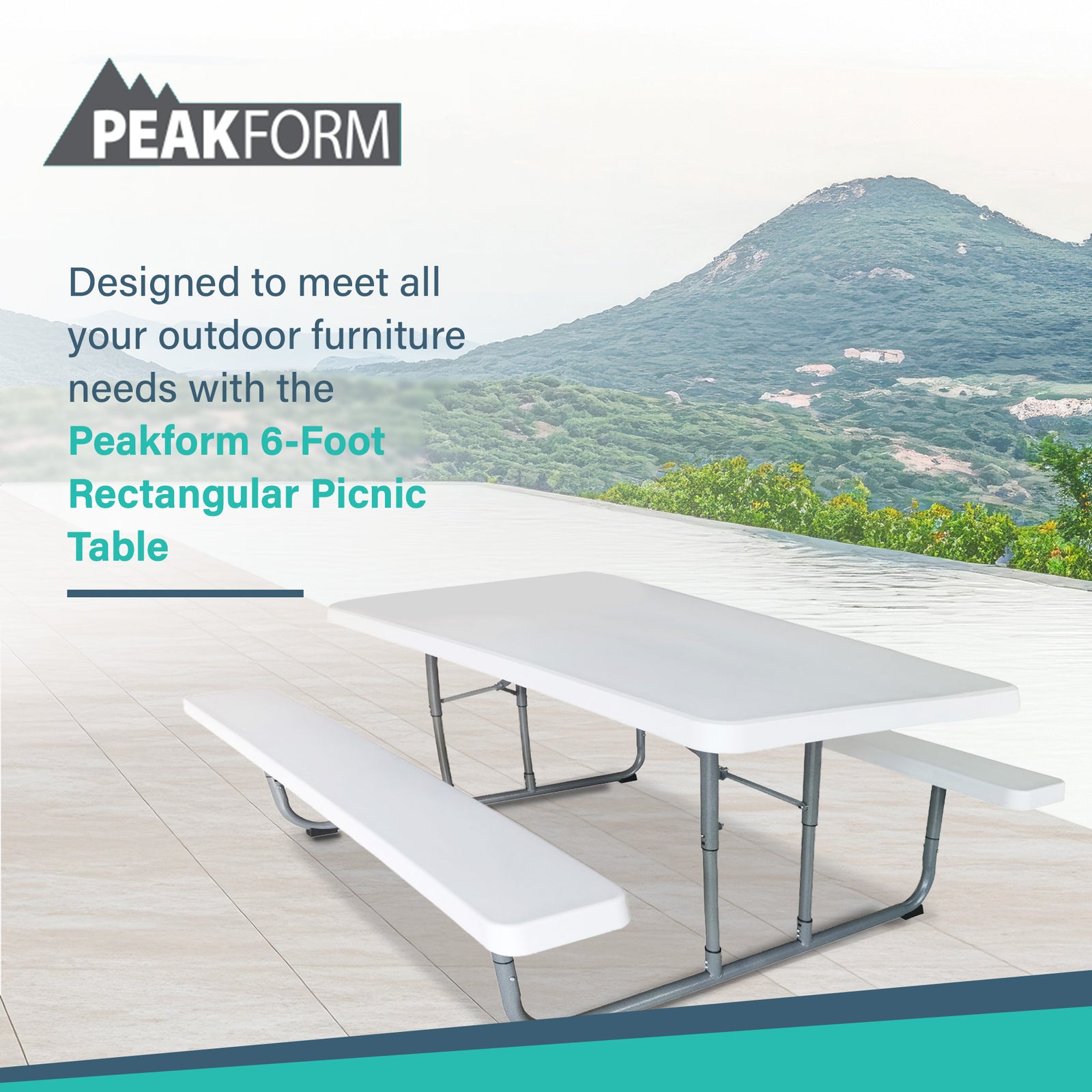 Peakform 6 Foot Rectangular Picnic Table, Double Bench Wood Grain Seating, White - VMInnovations