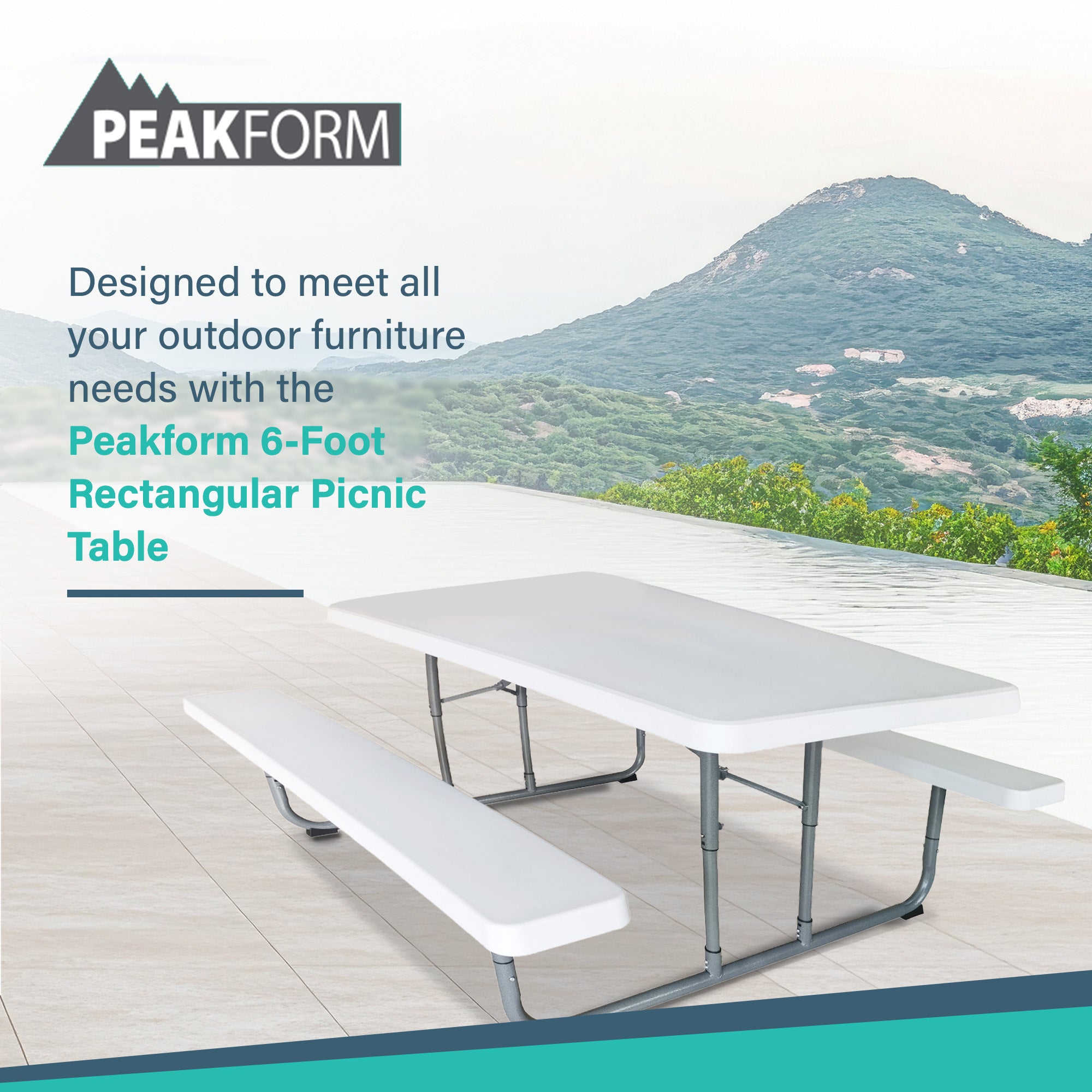 Peakform 6ft Picnic Table, Double Bench Wood Grain Seating, White (Open Box) - VMInnovations