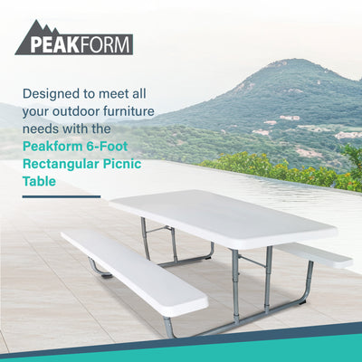 Peakform 6 Foot Rectangular Picnic Table, Double Bench Wood Grain Seating, White