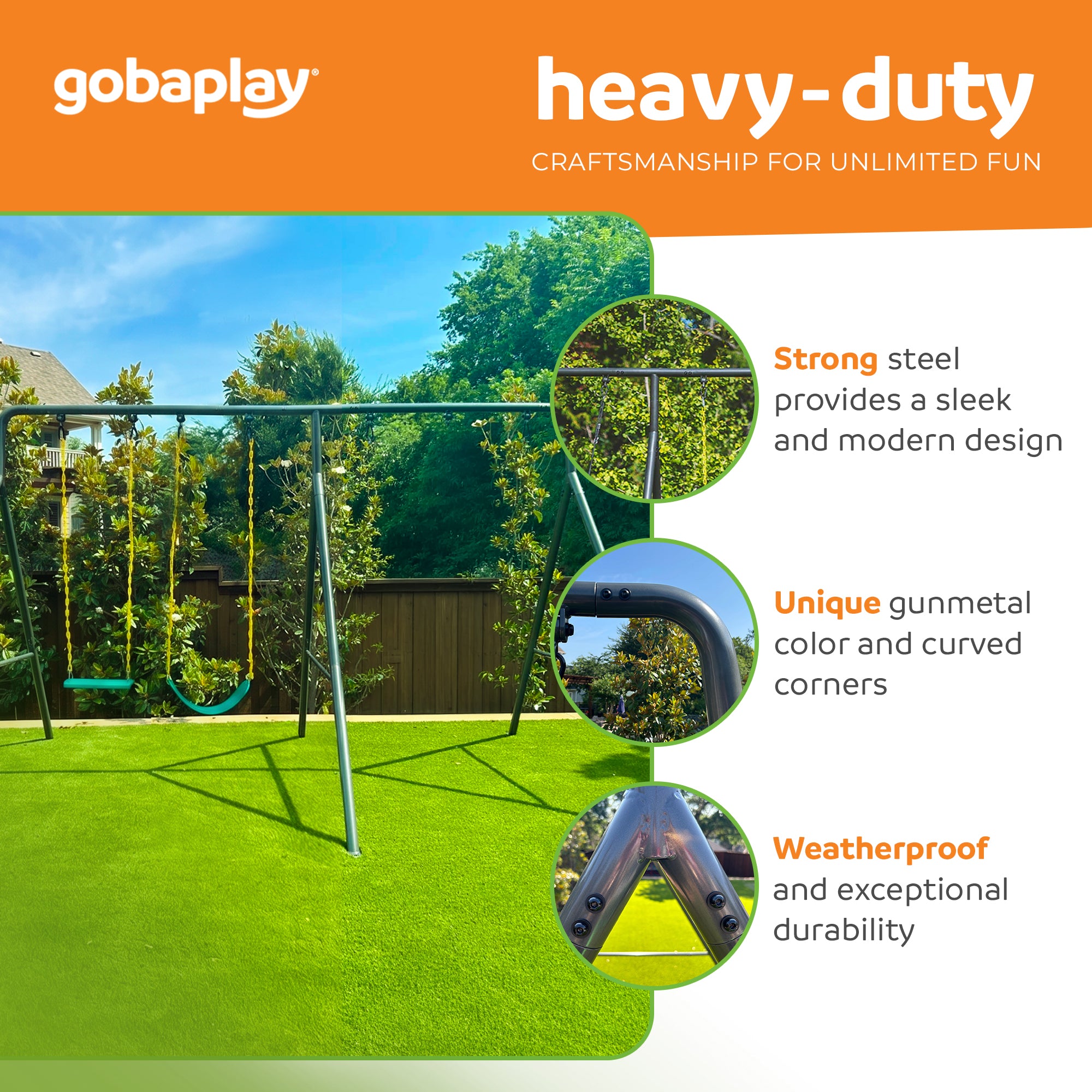 gobaplay Explorer Kids Swing Set with Frame, Dual Platform Saucer, & 2 Swings
