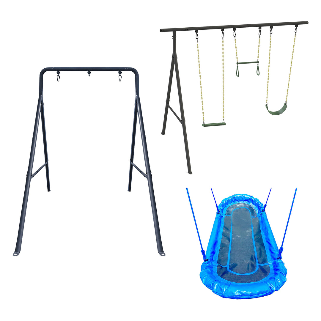 gobaplay Explorer Kids Swing Set w/Frame, Dual Platform Saucer, Swings & Trapeze