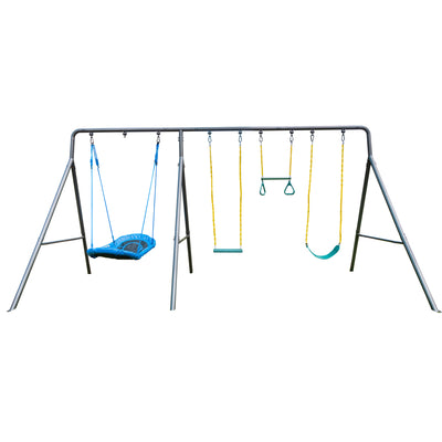 gobaplay Explorer Kids Swing Set w/Frame, Dual Platform Saucer, Swings & Trapeze