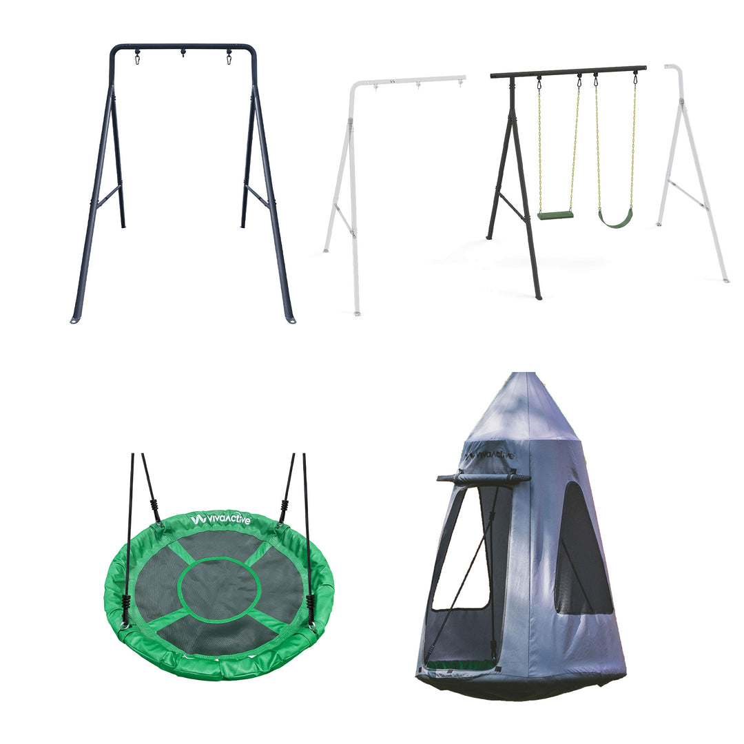 gobaplay Discovery Kids Swing Set, Outdoor Frame w/ Tent Saucer and 2 Swings