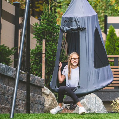 gobaplay Round Platform Saucer Tree Swing, Green with Hanging Tent Cover, Grey