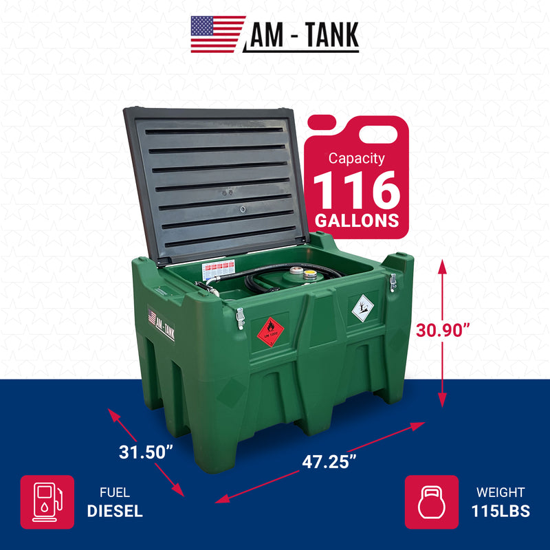 AM-TANK 116 Gal Portable Diesel Tank w/ Electric Transfer Pump & Storage, Green