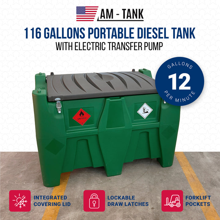 AM-TANK 116 Gal Portable Diesel Tank w/ Electric Transfer Pump & Storage, Green