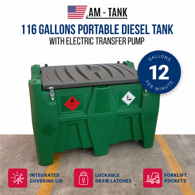 AM-TANK 116 Gal Portable Diesel Tank w/ Electric Transfer Pump & Storage, Green