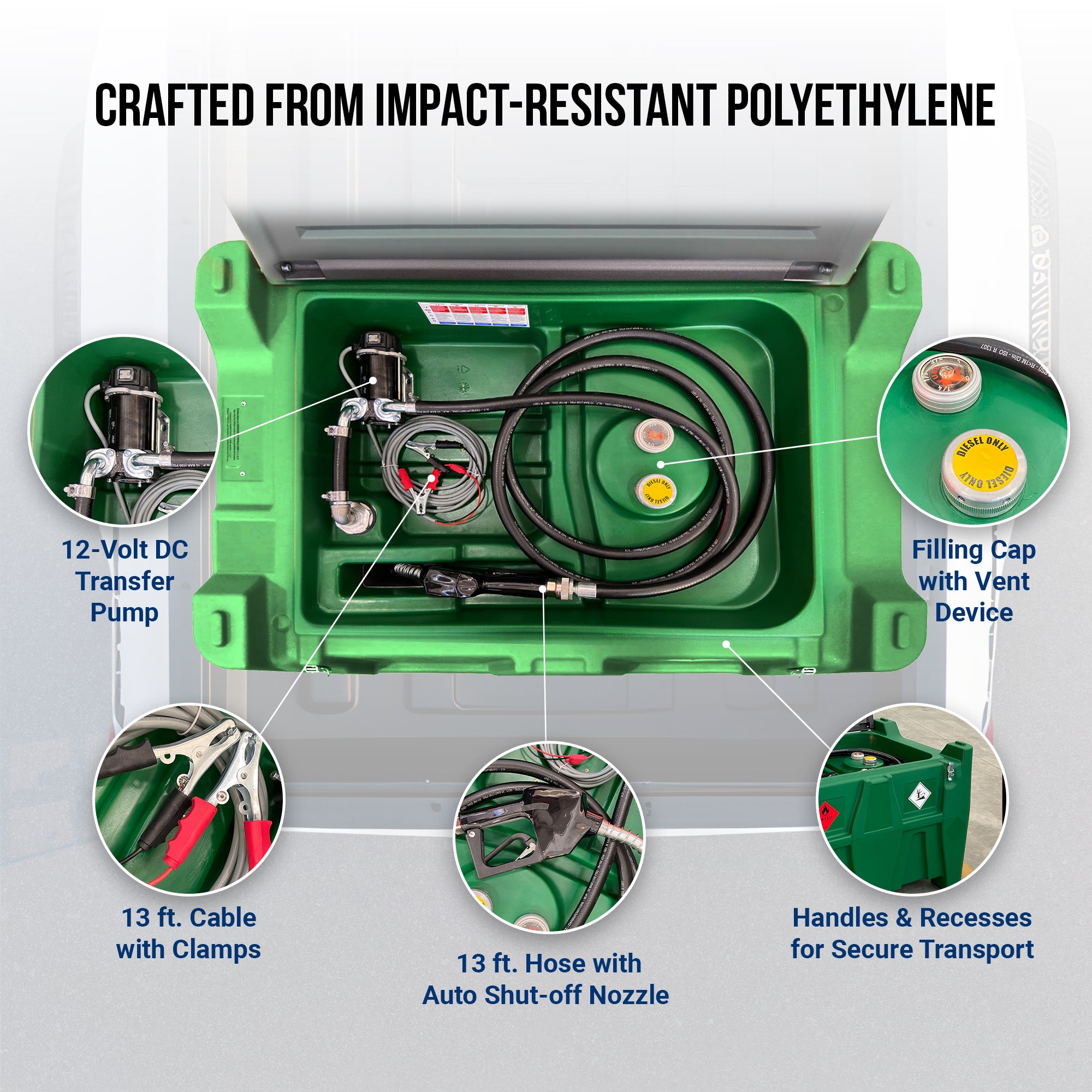 AM-TANK 116 Gal Portable Diesel Tank w/ Electric Transfer Pump & Storage, Green - VMInnovations