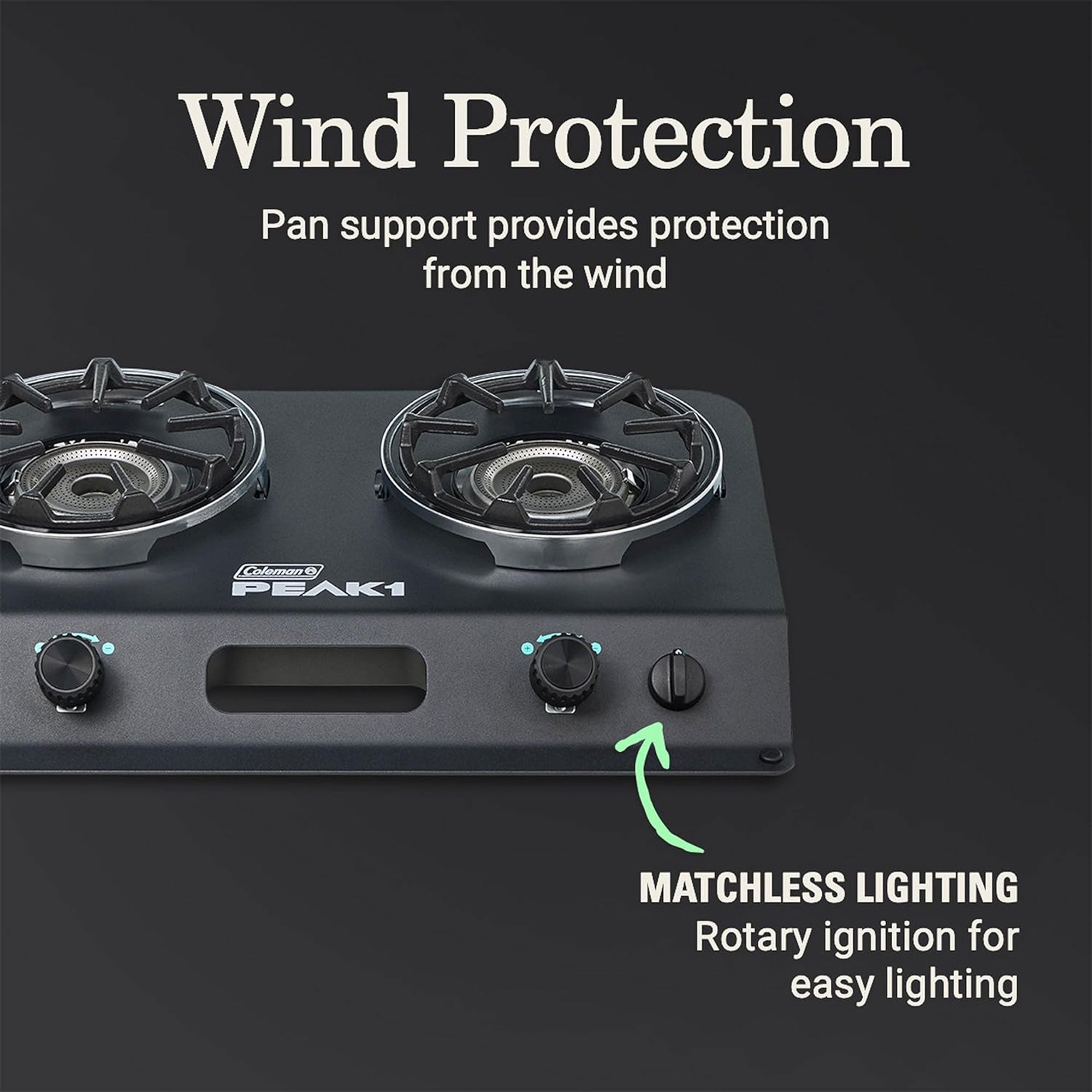 Coleman PEAK1 2 Burner Camping Stove with Matchless Lighting and Cast Iron Grate - VMInnovations