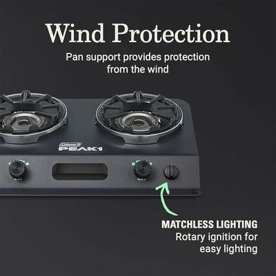Coleman PEAK1 2 Burner Camping Stove with Matchless Lighting and Cast Iron Grate - VMInnovations
