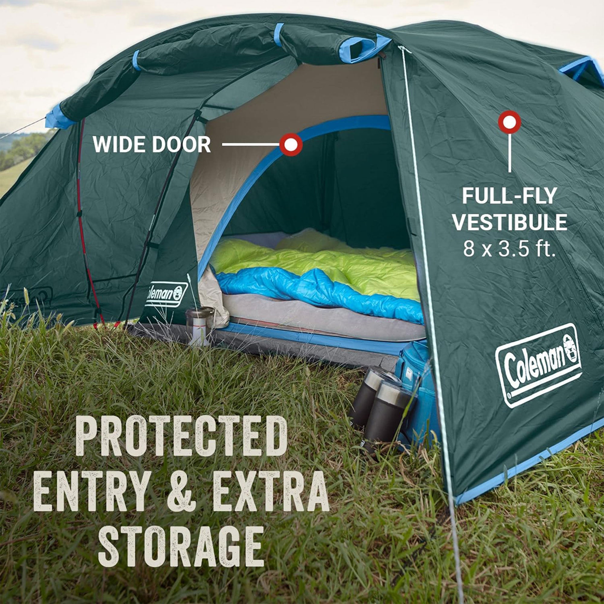 Coleman Skydome 4 Person Tent w/Full Fly Vestibule & Bag, Evergreen (Open Box) - VMInnovations