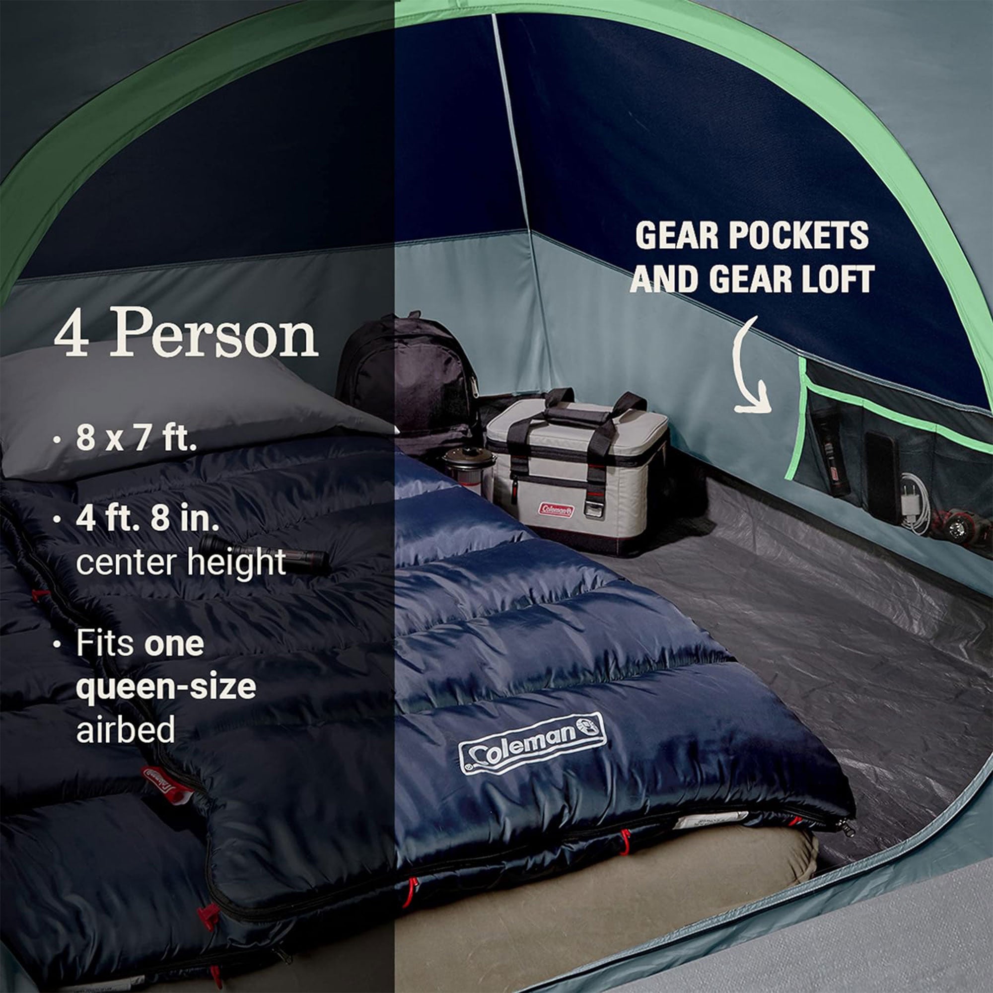 Coleman Skydome 4 Person Camping Tent with Mesh Pockets and Bag, Watersedge