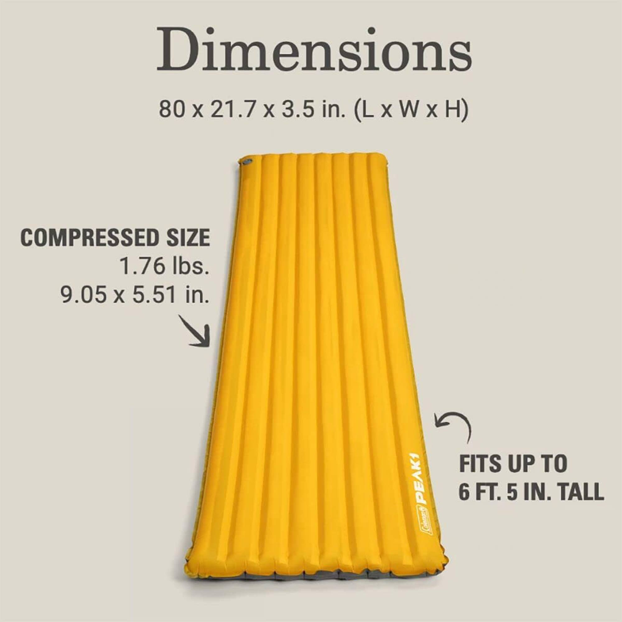 Coleman PEAK1 Sleeping Camp Pad w/ Integrated Valve System & Carry Bag, Marigold