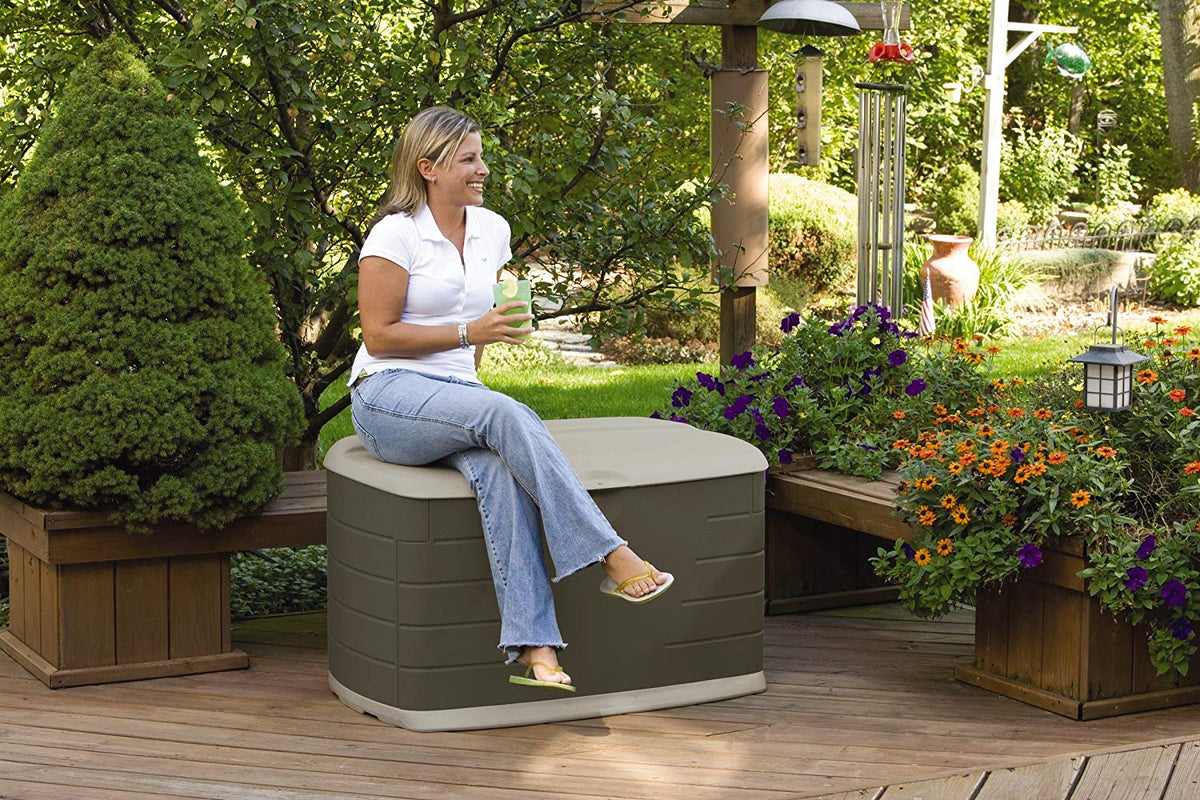 Rubbermaid 75 Gallon Medium Resin Outdoor Patio Storage Box with Seat, Sandstone