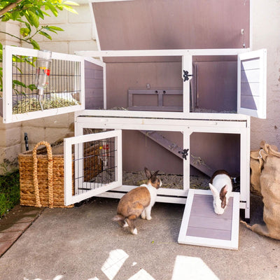 Indoor Outdoor Pet Bunny Hutch House Cage for Rabbits and Guinea Pigs, White (Refurbished)