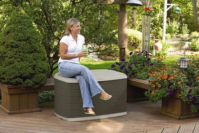 Rubbermaid 75 Gallon Medium Resin Outdoor Patio Storage Box with Seat, Sandstone
