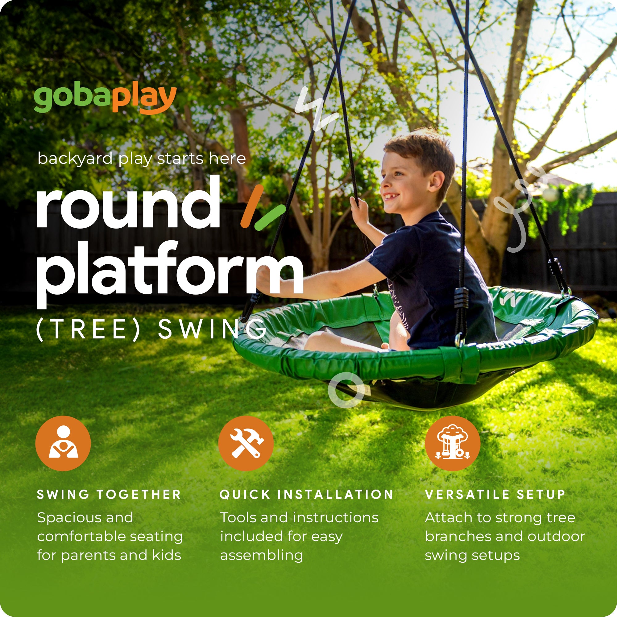 gobaplay Platform Tree Swing with Adjustable Polyethylene Rope, Green (Open Box) - VMInnovations