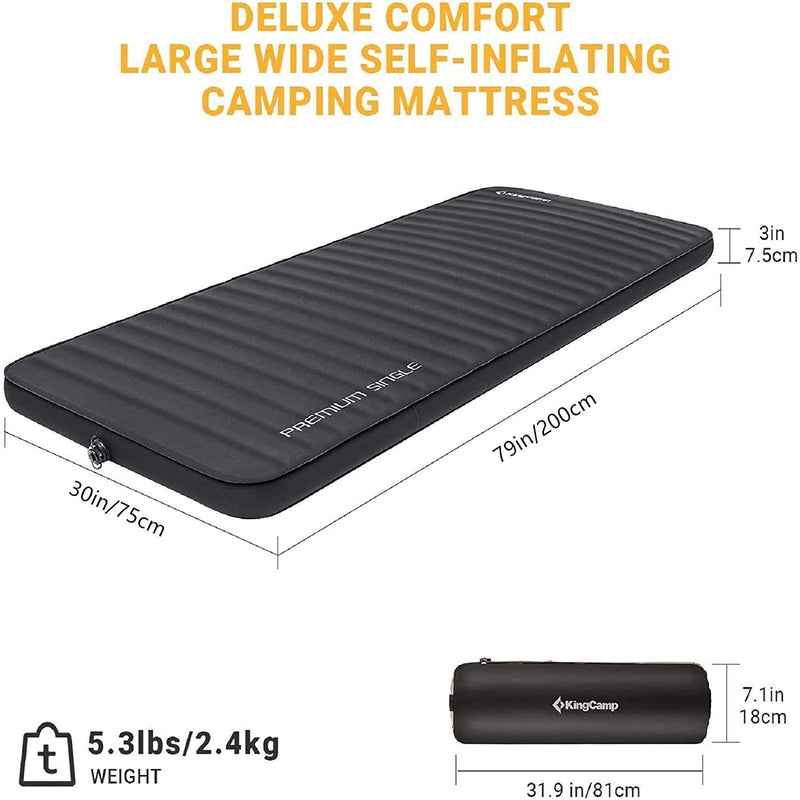 KingCamp Luxury 3D 3 Inch Extra Wide Large Self Inflating Sleeping Pad, Black