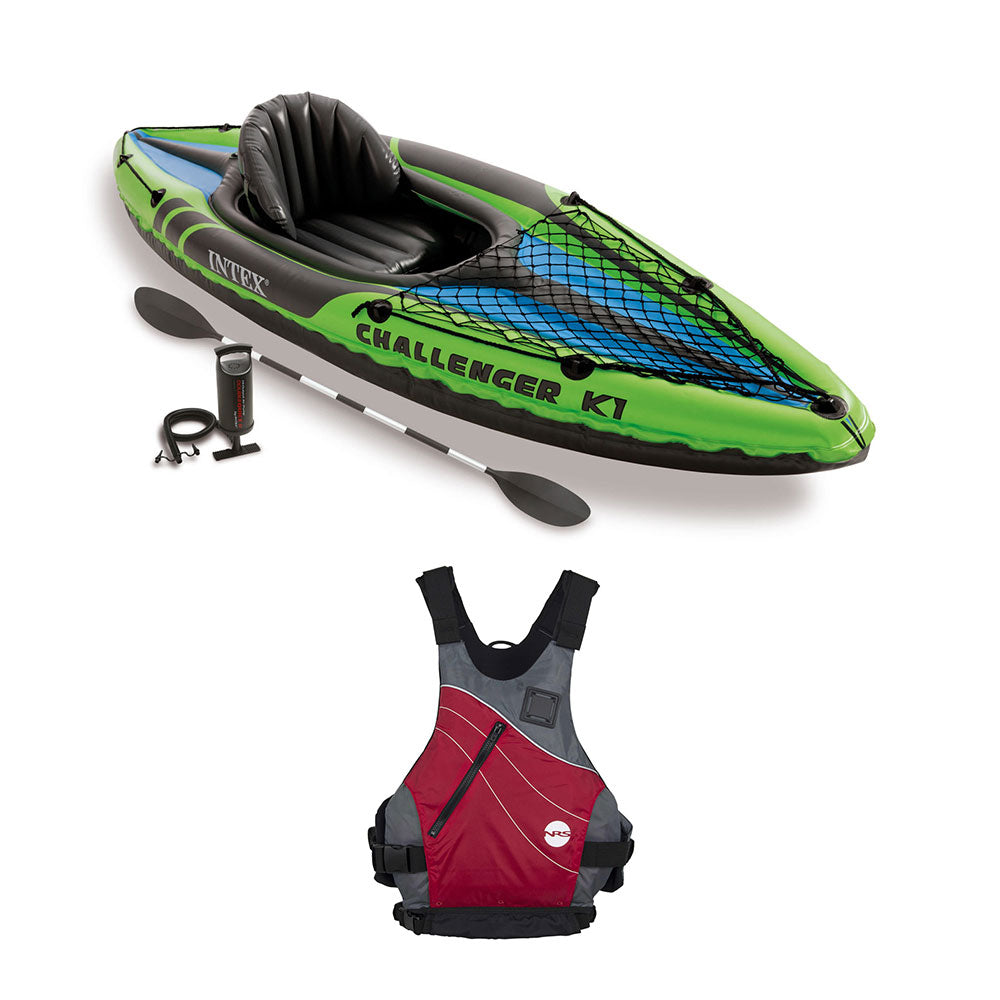 Intex Challenger Inflatable Kayak Set & NRS Vapor Adult L/XL Life Vest, Red - VMInnovations