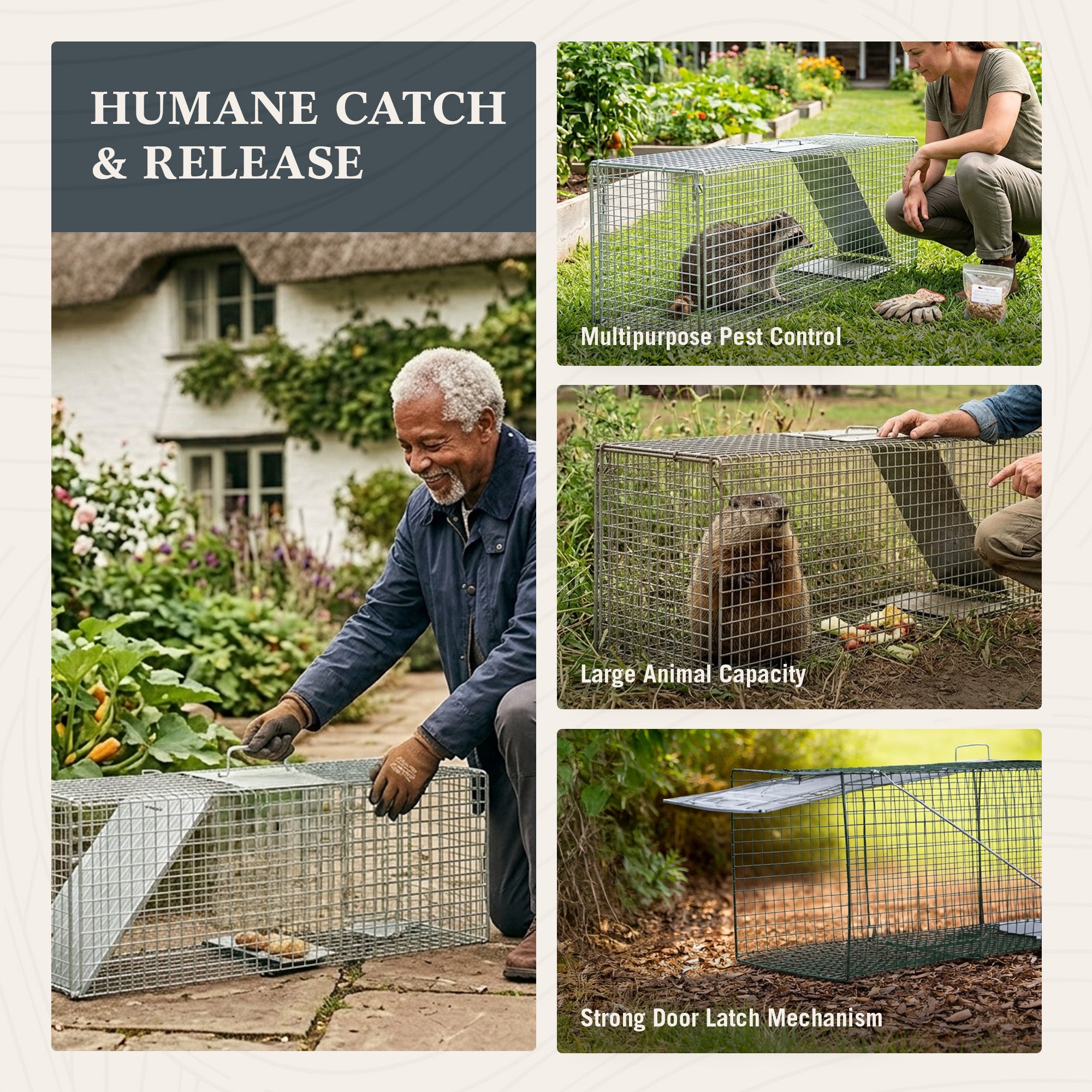 Homestead 42'' Live Animal Trap, Quick Set Steel Cage for Humane Catch & Release