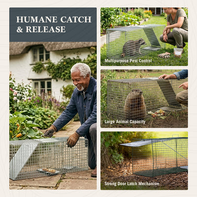 Homestead 42'' Live Animal Trap, Quick Set Steel Cage for Humane Catch & Release