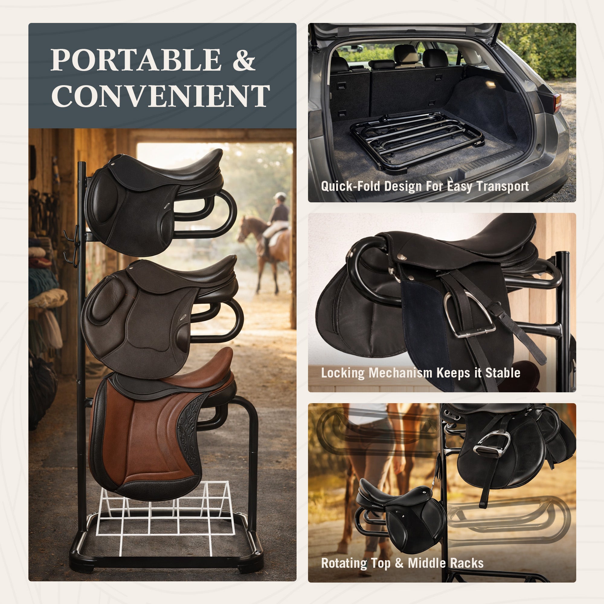 HOMESTEAD 3-Tier Saddle Rack, Horse Saddle Stand w/ Rotating Tiers & Bridle Rack