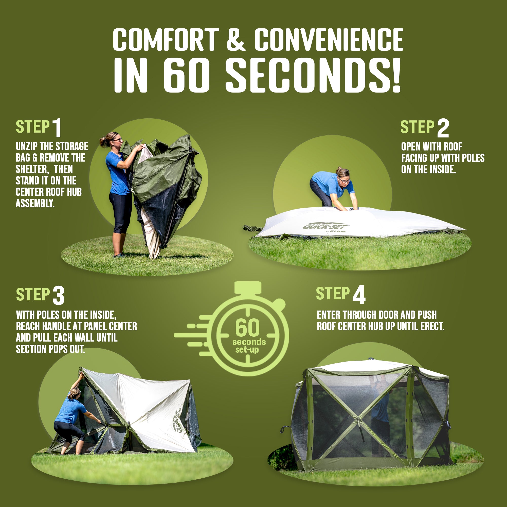 CLAM Quick-Set Pavilion 12.5x12.5 Ft Portable Outdoor Canopy Shelter, Green/Tan - VMInnovations