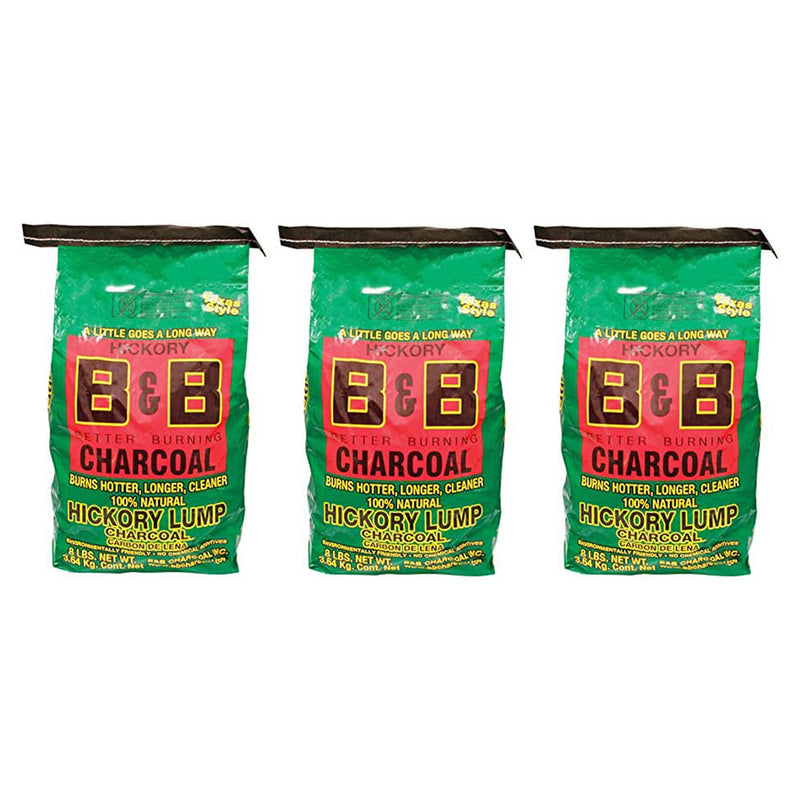 B&B Charcoal Signature Hickory Lump Grilling Smoking Charcoal, 8 Pounds (3 Pack)