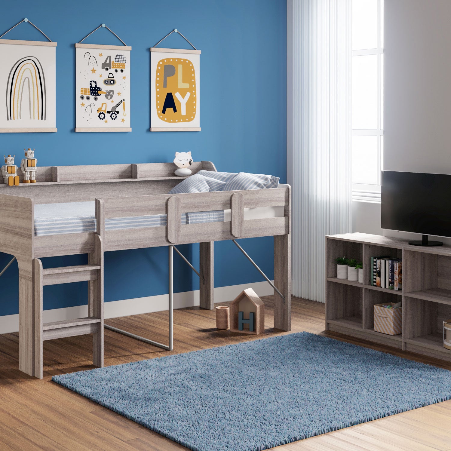 Rack Furniture Hamilton Twin Sized Loft Bed Frame with Storage Unit, Grey Wash - VMInnovations