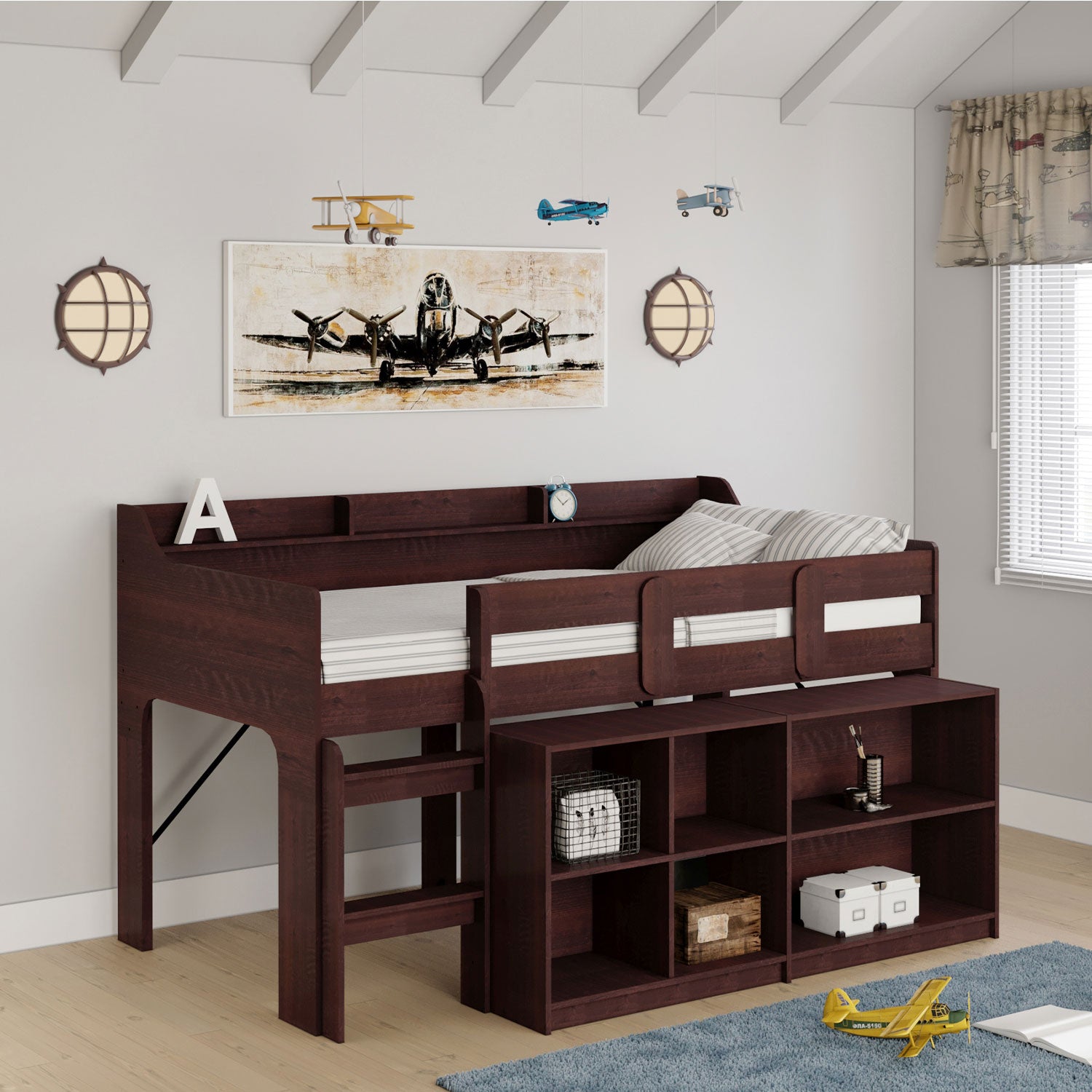 Rack Furniture Hamilton Twin Sized Loft Bed Frame with Storage Unit, Espresso