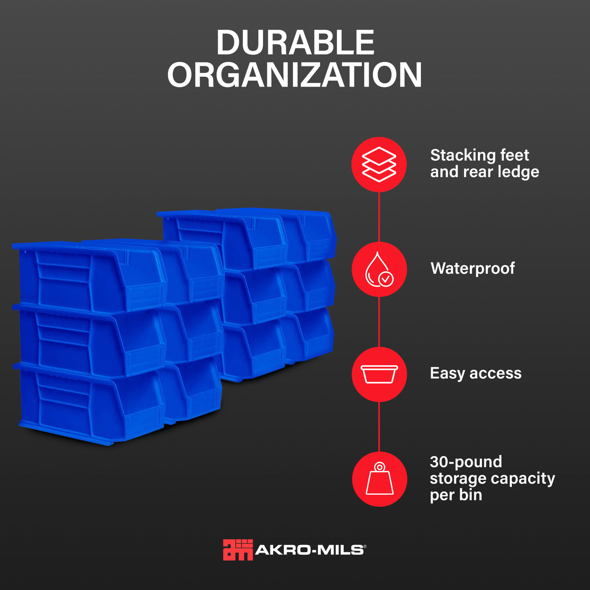 Akro-Mils 12 Pack AkroBins Plastic Storage Bins, Space-Saving Organizers, Blue