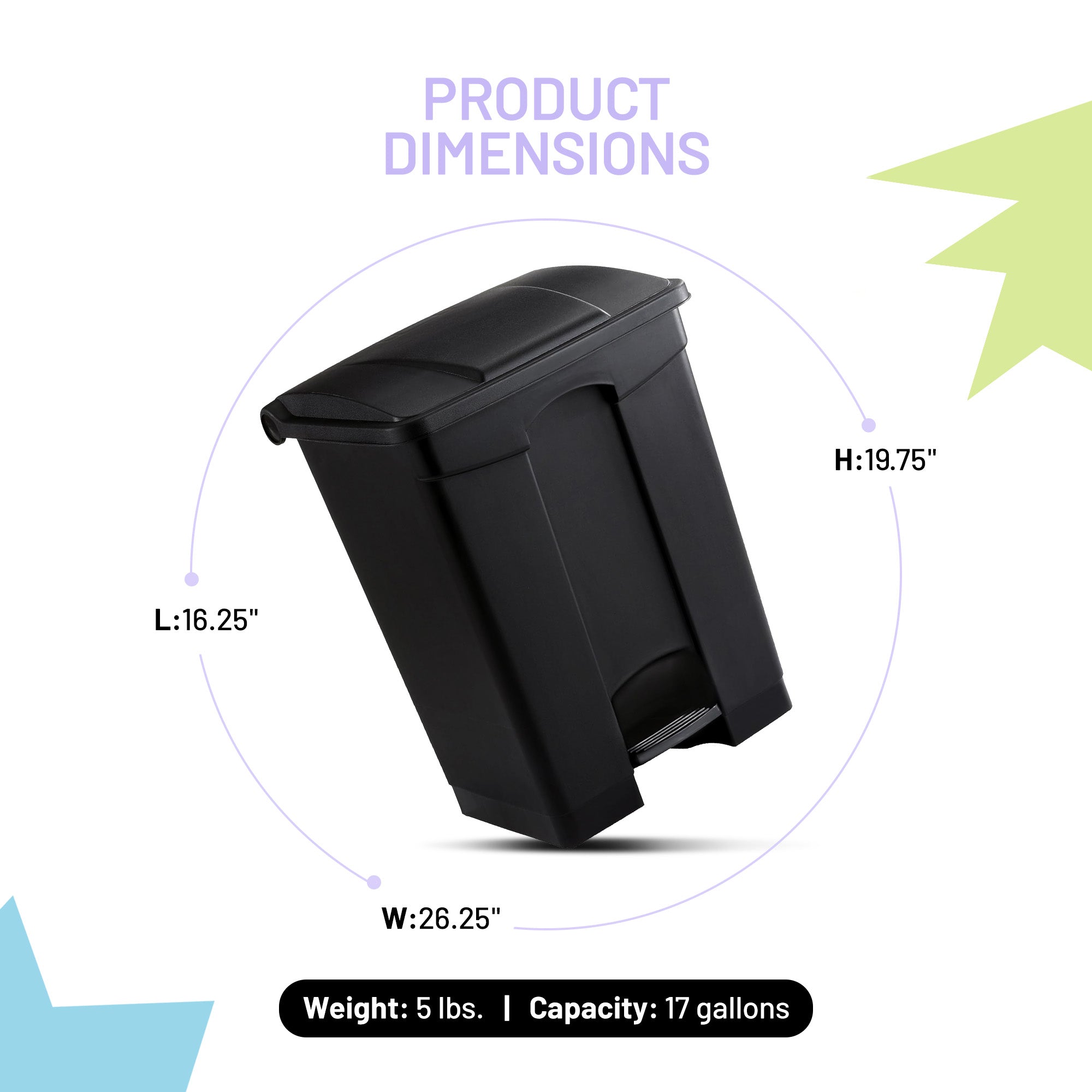 Safco Step On Trash Can w/Foot Pedal, 17 Gal Plastic Hands Free Waste Bin, Black