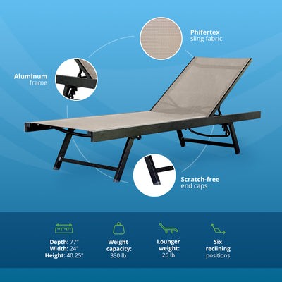 Vivere Aluminum Outdoor Chaise Lounge Chairs for Patio and Pool, Set of 2, Cocoa