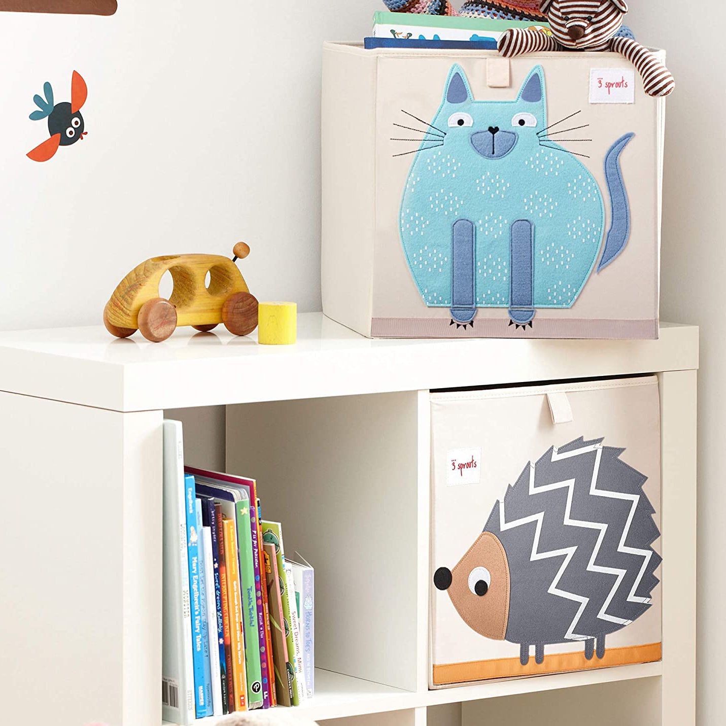 3 Sprouts Children's Fabric Storage Cube Bundle with Blue Cat and Yellow Rhino