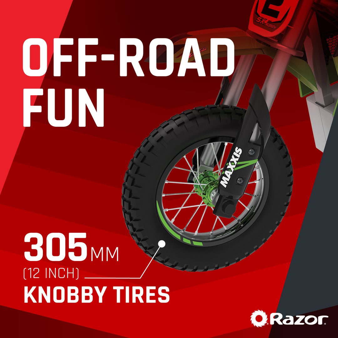 Razor SX350 McGrath Pneumatic Knobby Tires Electric Dirt Rocket Bike, Green - VMInnovations