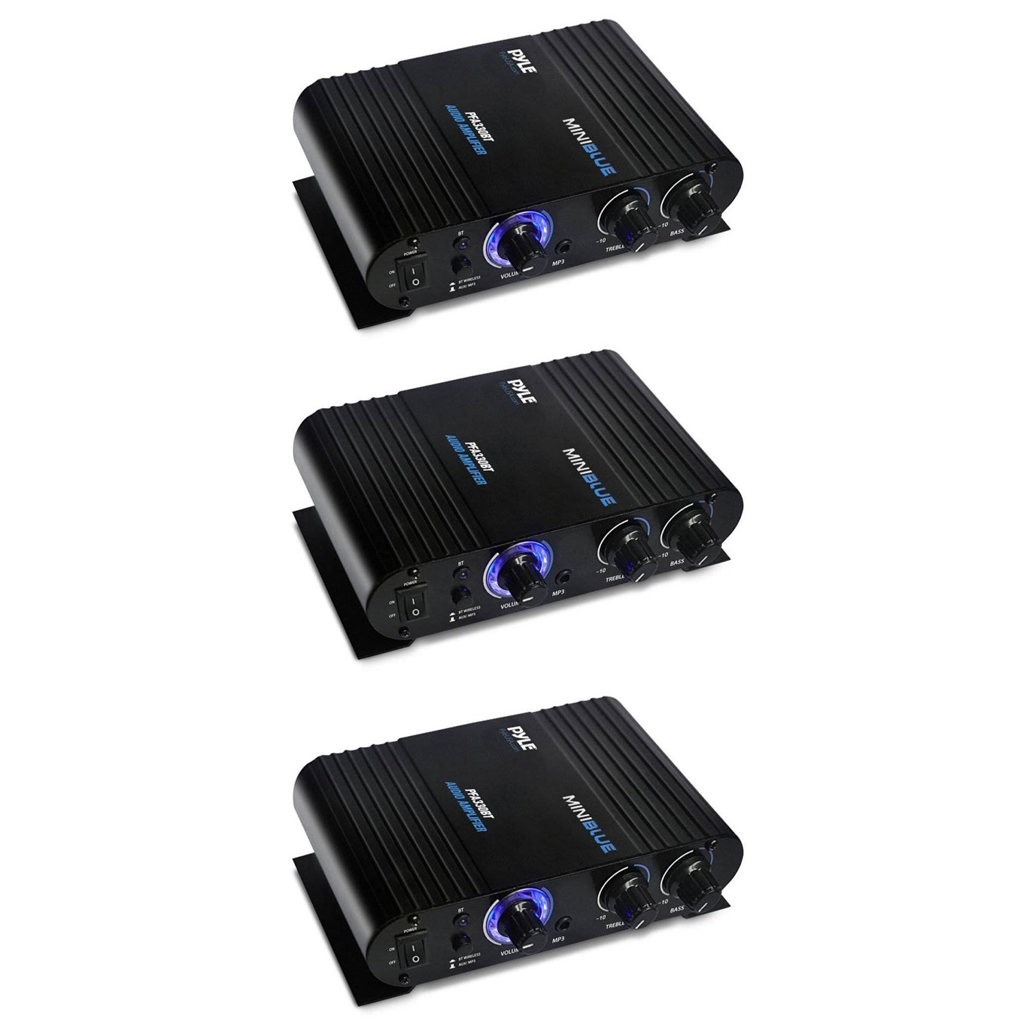Pyle 90 Watt 8 Ohm Bluetooth Mini Blue Compact Studio Class T Amplifier (3 Pack)