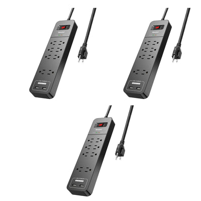 Huntkey Power Strip w/ Heavy Duty Cord, 8 Sockets, & 2 USB Ports, Black (3 Pack)