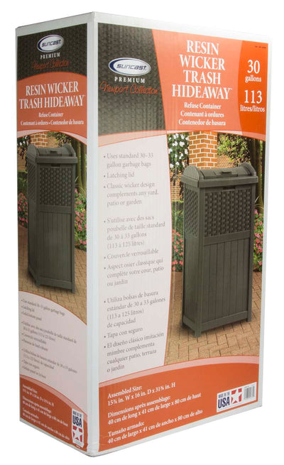 Suncast 73 Gallon Deck Box & Wicker Trash Hideaway Outdoor Garbage Bin, Java